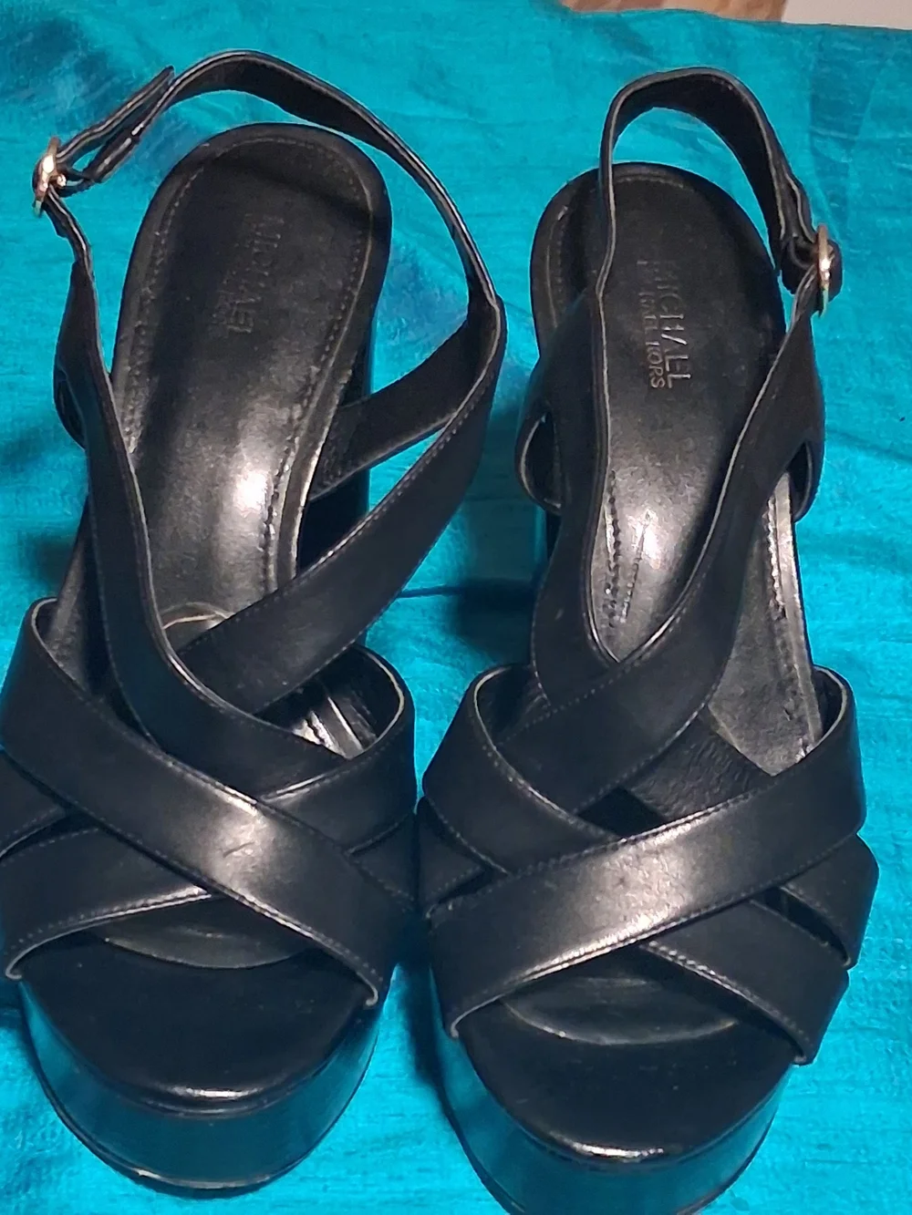 Michael Kors Black Leather Platform Crisscross Slingback Sandals with Buckle